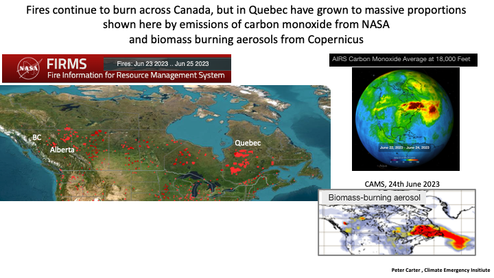 PCarterClimate's tweet photo. MASSIVE FIRES BURN IN QUEBEC
Fires continue to burn across Canada, but in Quebec have grown to massive proportions shown here by emissions of carbon monoxide NASA and biomass burning aerosols from Copernicus 
https://t.co/BjadhjliJn
#wildfires  #climatechange  #globalwarming https://t.co/xCLDMQD4nU