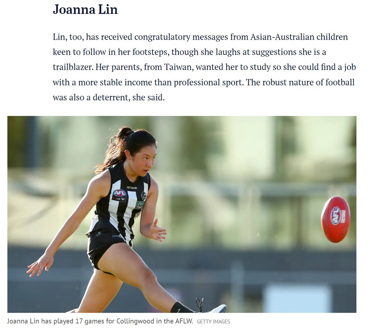 Really nice article from <a href="/wutube/">Andrew Wu</a> about Asian Australians in AFL, including Joanna Lin's Taiwanese-Australian representation for ... Collingwood. 
theage.com.au/sport/afl/the-…