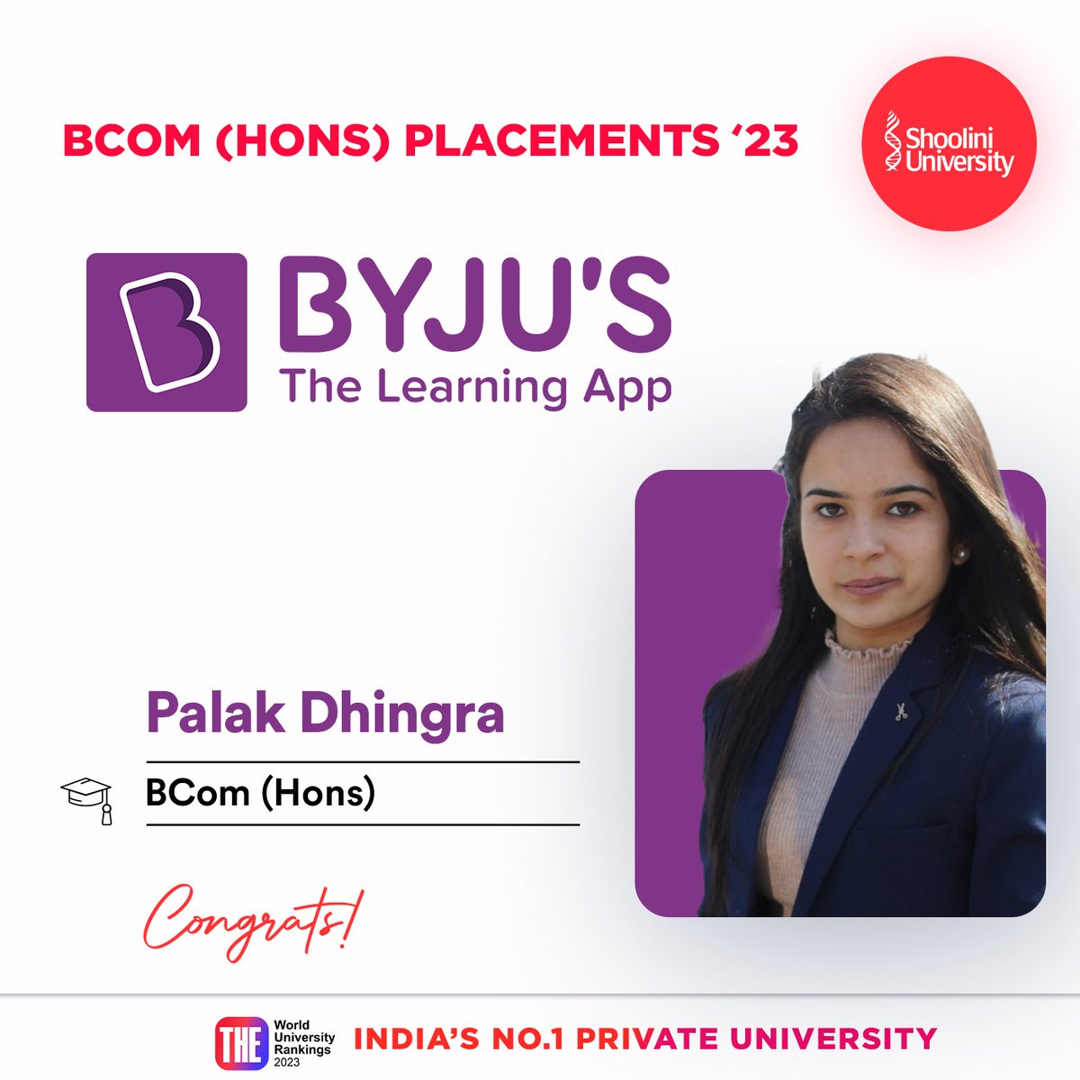 ShooliniUniv's tweet photo. We are overjoyed to share that our star student from BCom Hons, Palak Dhingra, has been placed at Byju's - India's largest ed-tech company! 🙌
Kudos Champ! 🥳

#ShooliniUniversity #PlacementSuccess #Byjus #edtechcompany #ProudMoment #bcomhons #bcomplacements #bcomprogram https://t.co/VMLIzJ1SGc