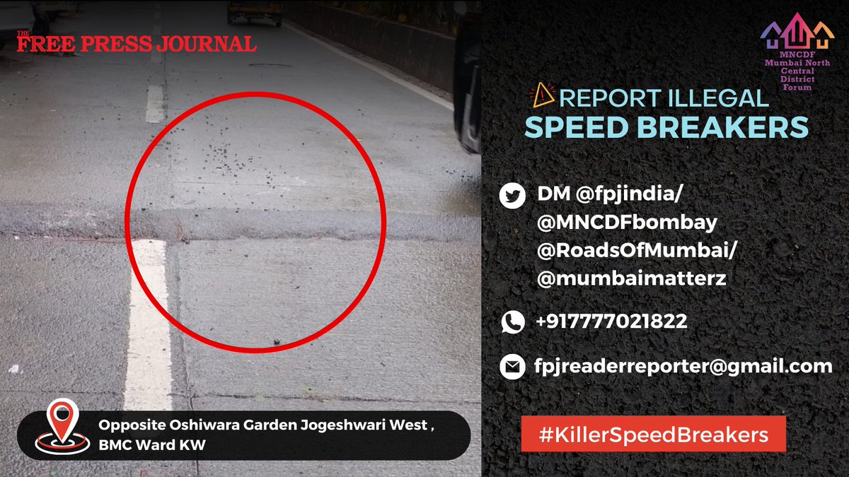 fpjindia's tweet photo. #KillerSpeedBreakers
@mybmcwardKW

Breaker is in a bad condition and is unsafe for motorists to use. 

Please get this repaired at the earliest.   

If you have similar complaints then reach out to us below with the location of the speed breaker and picture.  
@fpjindia / @MNCDFbombay @RoadsOfMumbai /@mumbaimatterz