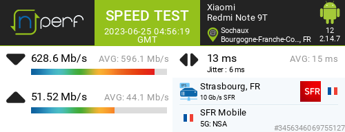 twitt_yann's tweet photo. ↓628581 kb/s ↑51520 kb/s, ⇄ 13 ms / #SFR #5G #Sochaux  / #RedmiNote9T / #nPerf v2.14.7 / https://t.co/dvccCJYpUL