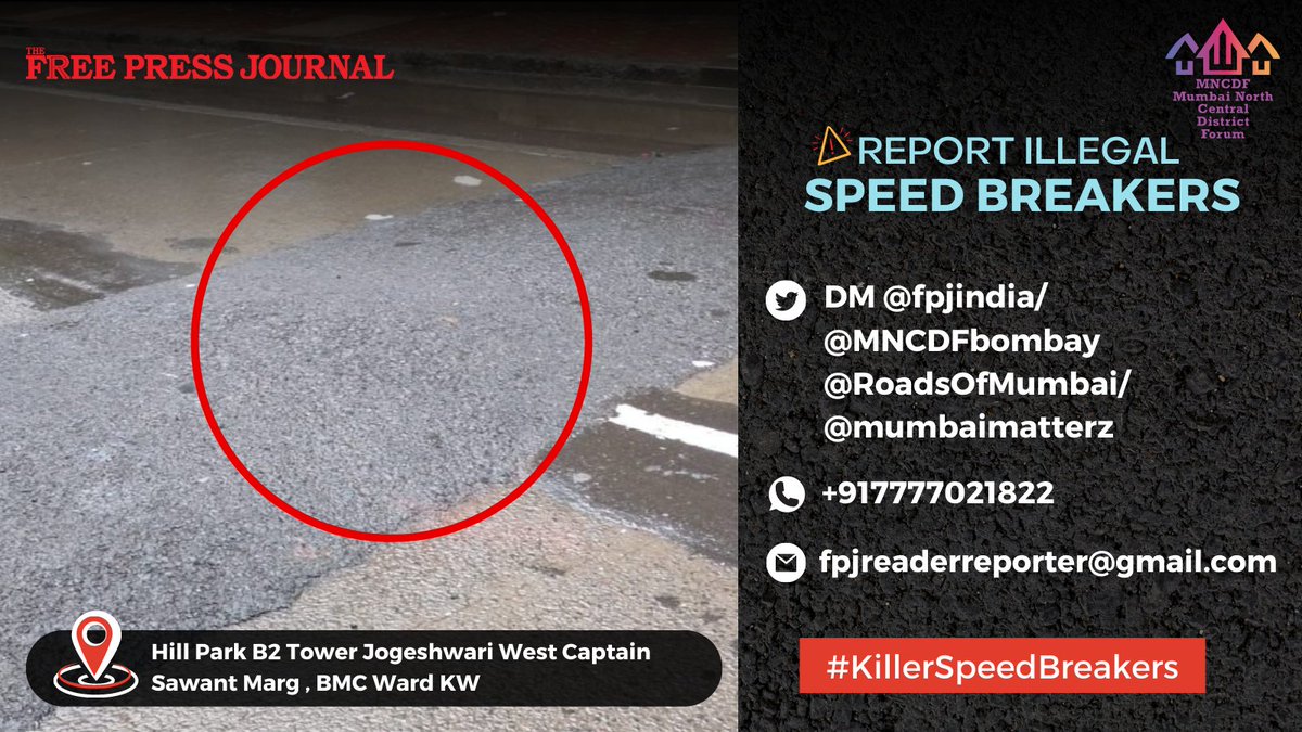fpjindia's tweet photo. #KillerSpeedBreakers
@mybmcwardKW
No white bands visible on this speed breaker. 
Please get this repaired at the earliest.   

If you have similar complaints then reach out to us below with the location of the speed breaker and picture.  
@fpjindia / @MNCDFbombay @RoadsOfMumbai /@mumbaimatterz