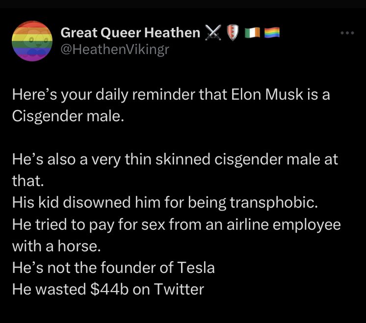I wonder how many bigots and snowflakes I can annoy today with this 😊

Ps. Elon musks ex wife left him for a trans woman. That’s why he’s so pissy about trans people 🤭
#CisIsNotASlur
