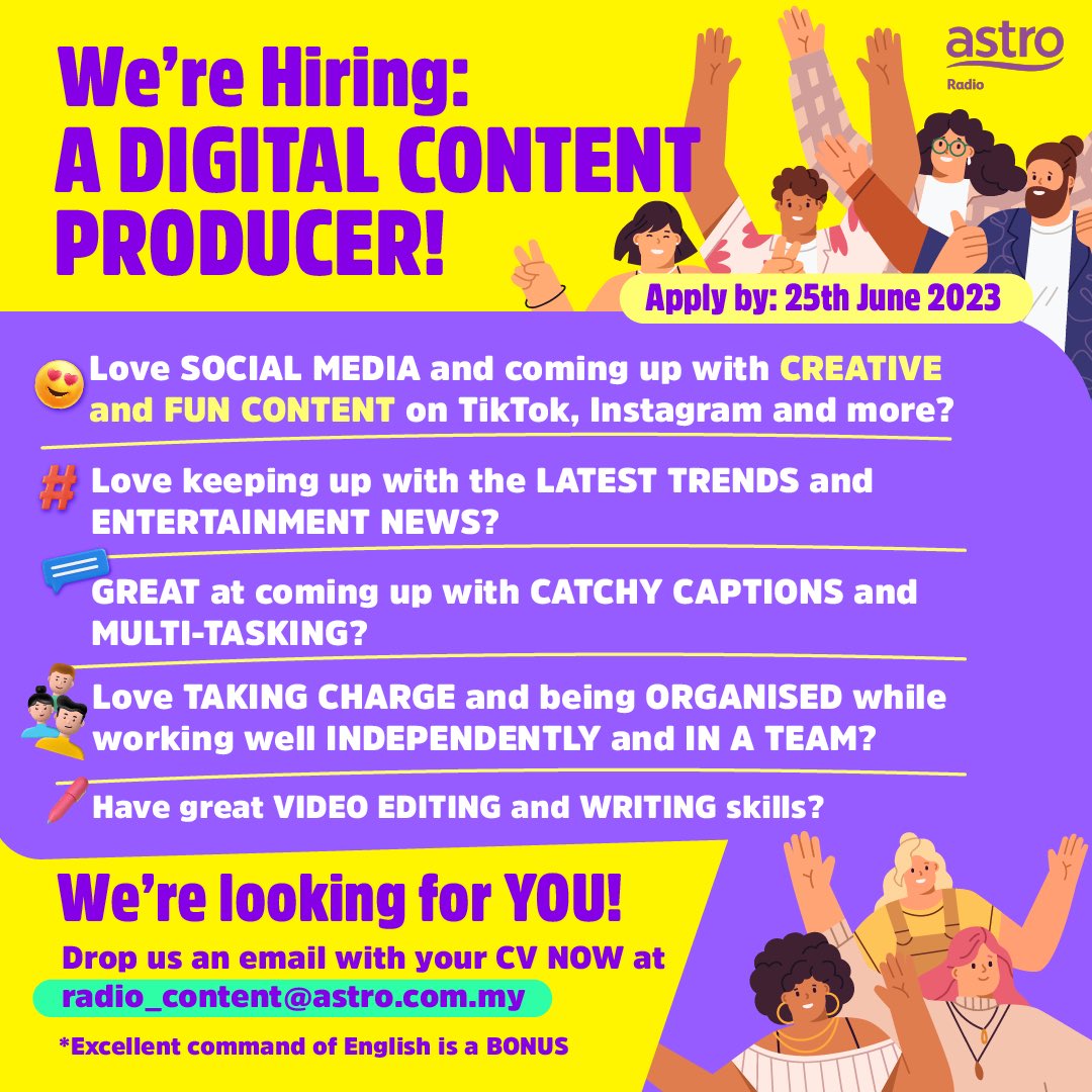 mixdotmy's tweet photo. 🚨LAST DAY TO APPLY 🚨 We're looking for a Digital Content Producer! 📱
Are you creative? 🤨 Up to date on all the trends? 🤳 Got good editing skills? 🎥
📌 Then drop your resume to radio_content@astro.com.my NOW! 📄 #MIXShares https://t.co/qKsJJQCGGu