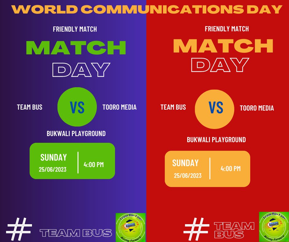 Hello 👋 Vibe Makers , It's Match Day 

🆚 Tooro Media
🏟️ Bukwali Playground
🕰️ 3:00 Pm

#TeamBus || #TheVibeMakers
#MovingForward