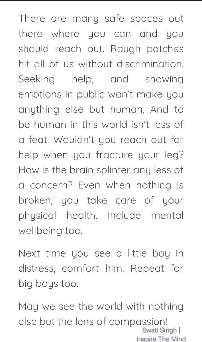 Mental health isn't  gender- specific but gender-specific interventions help better.
Excerpt from the article @inspirethemind_:
#mentalhealth #men #wellbeing  #menshealthmonth #psychology #quotes #mind #weekendreads  #ThinkBIGSundayWithMarsha