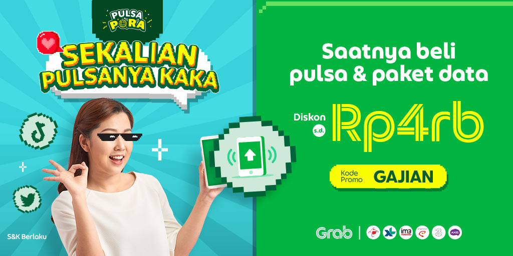 Ciee, abis gajian sumringah banget yaak😝

Sebelum foya-foya, jangan lupa atur pos pengeluaran rutin termasuk kebutuhan nelpon &amp; internetmu.

Pas banget nih ges lagi ada promo pulsa &amp; paket data di Grab, serbuu👉 grb.to/3nIclhe