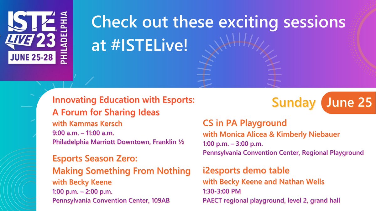 i2eEDU's tweet photo. We're excited for Day 1 of #ISTELive!
Check out these sessions from #i2eTeam members!
@ISTEofficial #ISTE23 #Esports #ComputerScience
@KammasKersch @BeckyKeene @Teach_Serve @Nieb77 @edtechwells https://t.co/DyWukTyhXO