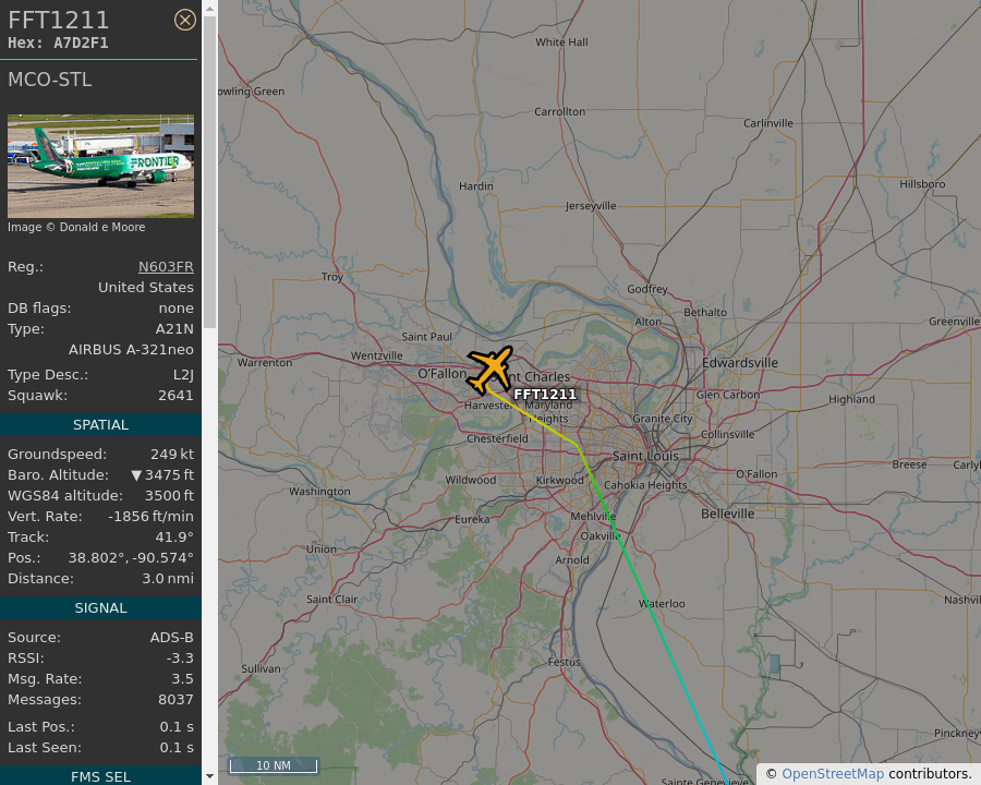 🇺🇸 N603FR - Airbus A321 271NXSL - Frontier Airlines FFT1211/F91211, Orlando (MCO) to St Louis Lambert (STL) - 3.3 mi away @ 3600 ft, heading NE at 286 mph. Spotted 2x before! [12:20:10 AM CDT] #A7D2F1 #N603FR #A21N #FRONTIER_FLIGHT #FFT1211 #F91211  #Landing #Arrival #STL #ADSB