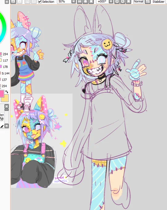 kind of redrawing a jour i started last year? or something @ also experimenting w a more humanoid/human design so her colors arent /so/ extreme  and can u believe it the bottom ref is the first time she was drawn * w * my baby girl  #komunoc