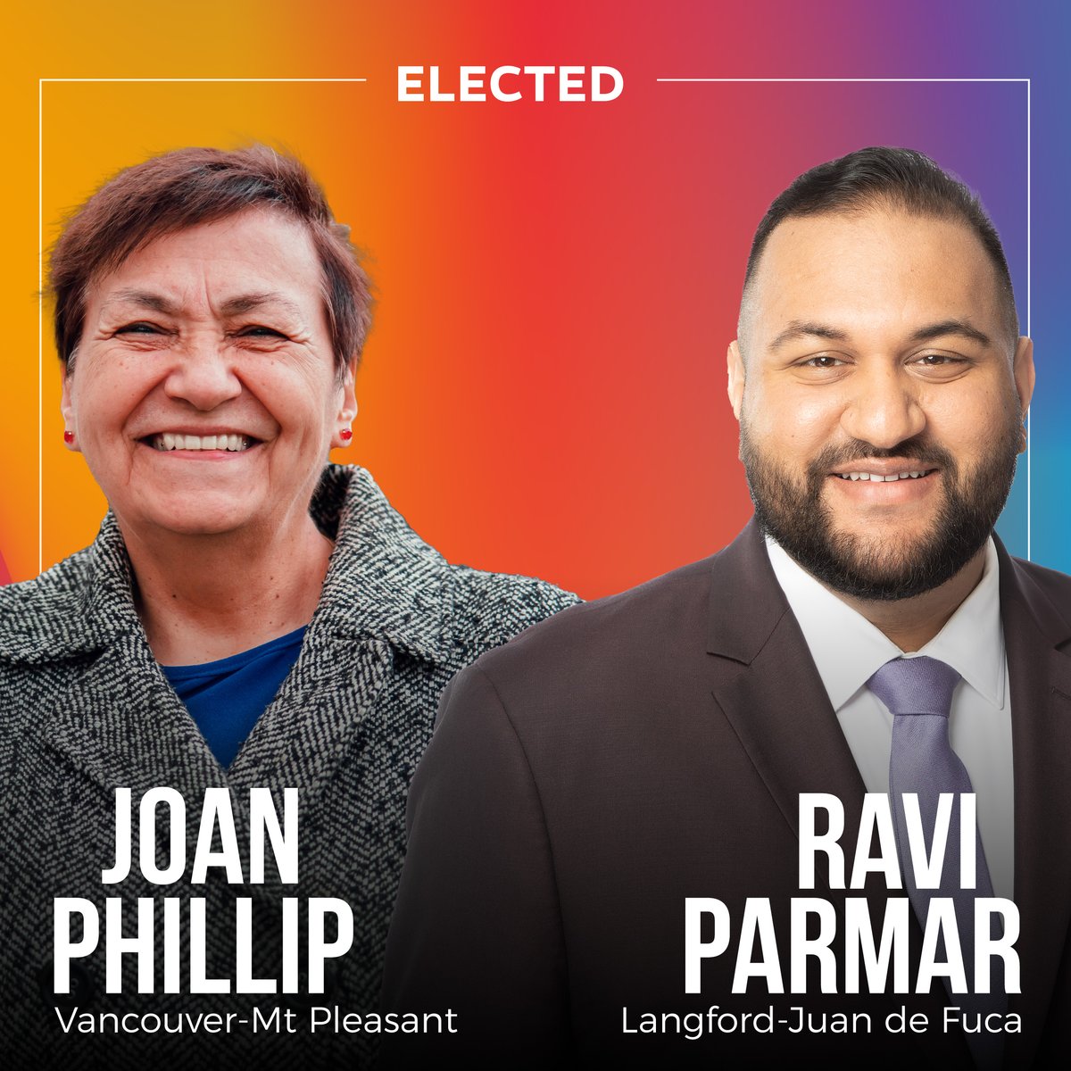 bcndp's tweet photo. Congratulations Joan Phillip and Ravi Parmar, our new BC NDP MLAs in Vancouver-Mount Pleasant and Langford-Juan de Fuca. And a HUGE thank you to all our wonderful volunteers, supporters, and voters who helped land this important win for people! https://t.co/6AGP0n0MMV