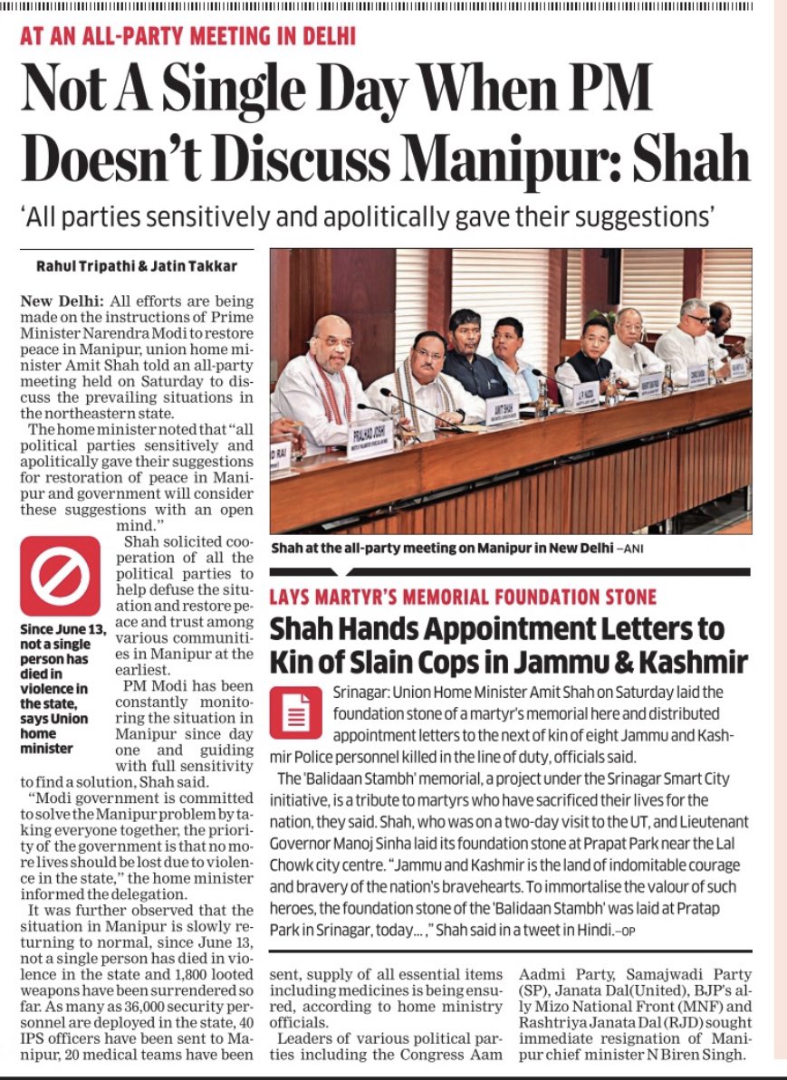 rahultripathi's tweet photo. #SundayET : Not a single day when PM Modi doesn’t discuss #Manipur, says @HMOIndia as opposition parties questions PM’s silence and demands sacking of Manipur CM N Biren Singh during APM, story with @JatinTakkar. #ManipurViolence. https://t.co/nYLk1zWC1S
