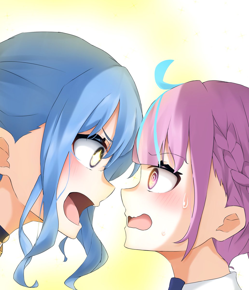 multiple girls 2girls blue hair open mouth looking at another pink hair face-to-face  illustration images