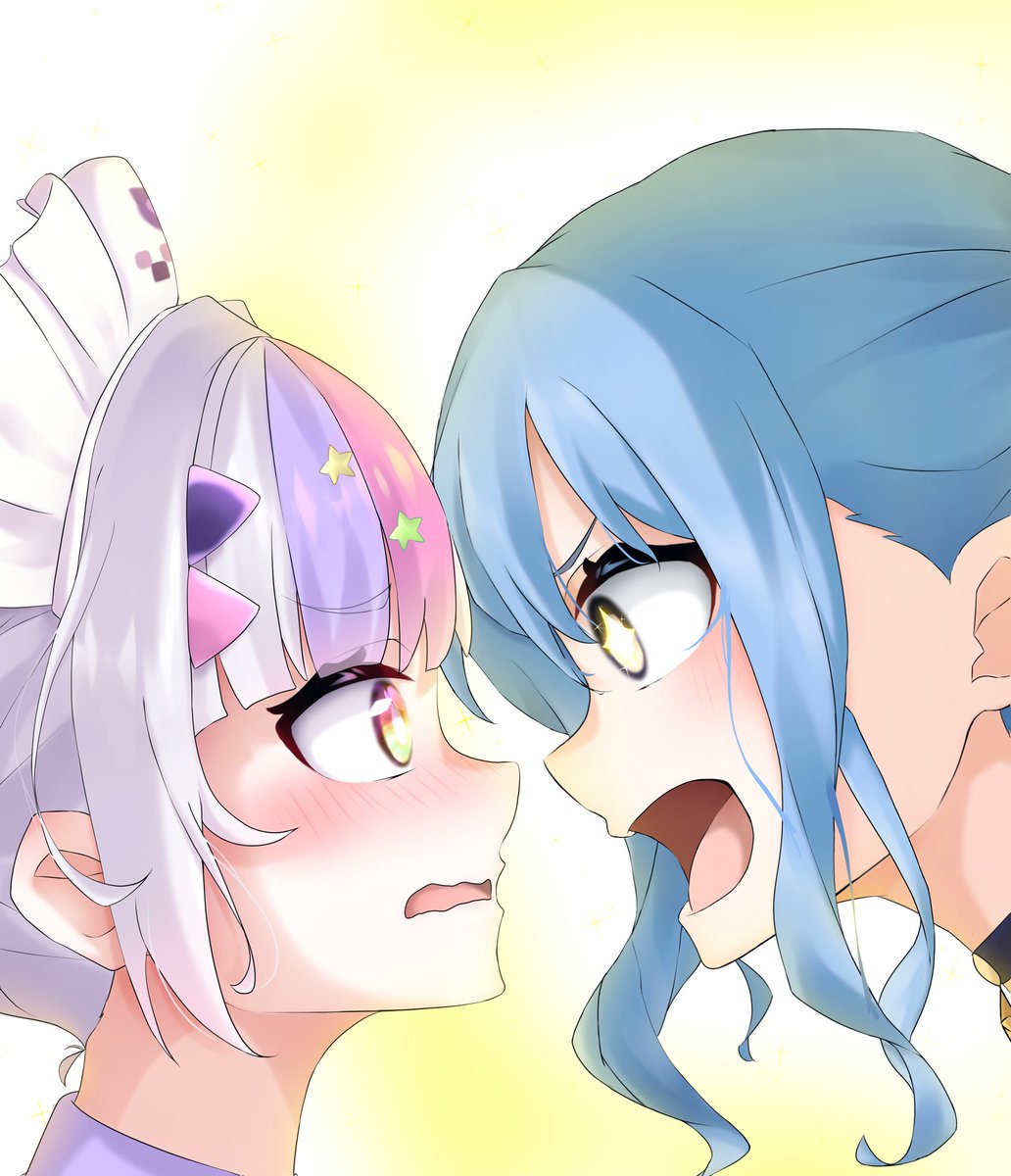 multiple girls 2girls blue hair open mouth looking at another pink hair face-to-face  illustration images