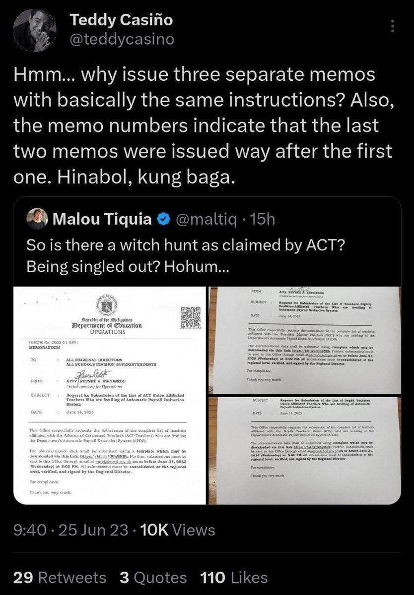 TEDDY's ISSUE: Ang layo daw ng control number, meaning hinabol. So kung hinabol, it means that ACT is being profiled talaga. 

There may be numerous possible explanations for the situation, but Teddy has chosen to interpret it in a way that supports their narrative of ACT being