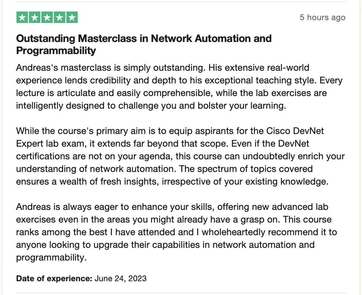 devnettraining's tweet image. Check out this latest review of the DevNet Expert Masterclass bootcamp on Trustpilot: trustpilot.com/reviews/649770…… #DevNet #DevNetExpert #CCDevE #NetworkAutomation #CCIE #CiscoCert
@LearningatCisco
@CiscoDevNet