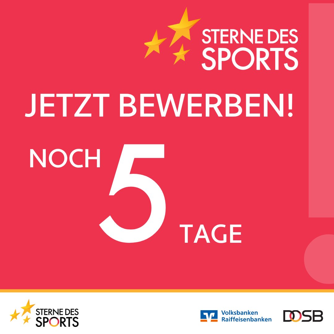 🚨 Nur noch 5 Tage 🚨

 🌟Euer Verein verdient einen „Stern des Sports“ für sein soziales Engagement? 👉Dann bewerbt euch JETZT für die #Sterne2023 unter:🔗sterne-des-sports.de/vereine/bewerb…

#SterneDesSports #Sterne2023 #EchtGoldWert #VieleSchaffenmehr #Volksbanken #Raiffeisenbanken