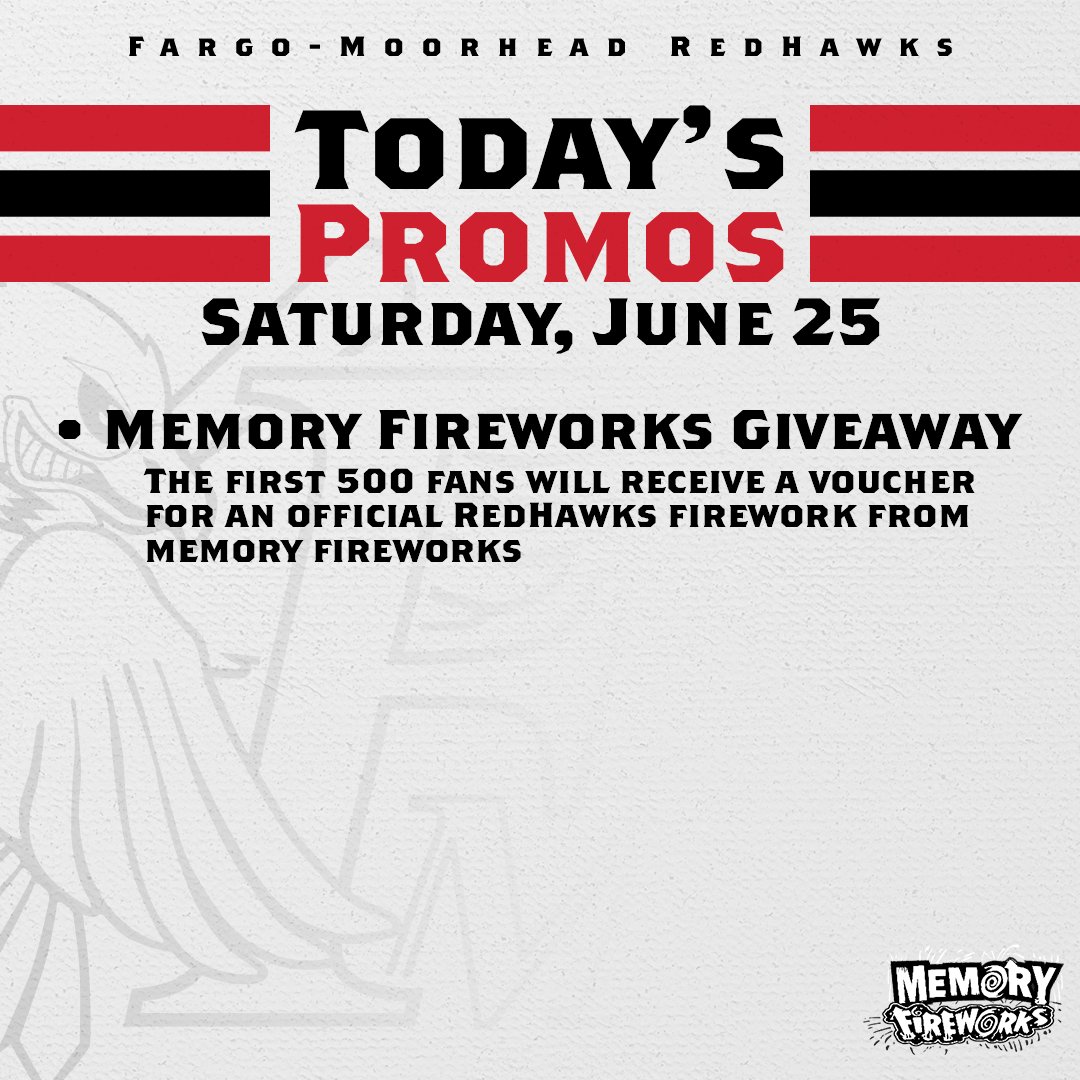 FMRedHawks's tweet image. Miss the @memoryfireworks giveaway last night? No need to worry - the giveaway continues during today's game!

Come on out to Newman Outdoor Field as your RedHawks end the homestand with the series finale against the Explorers!
