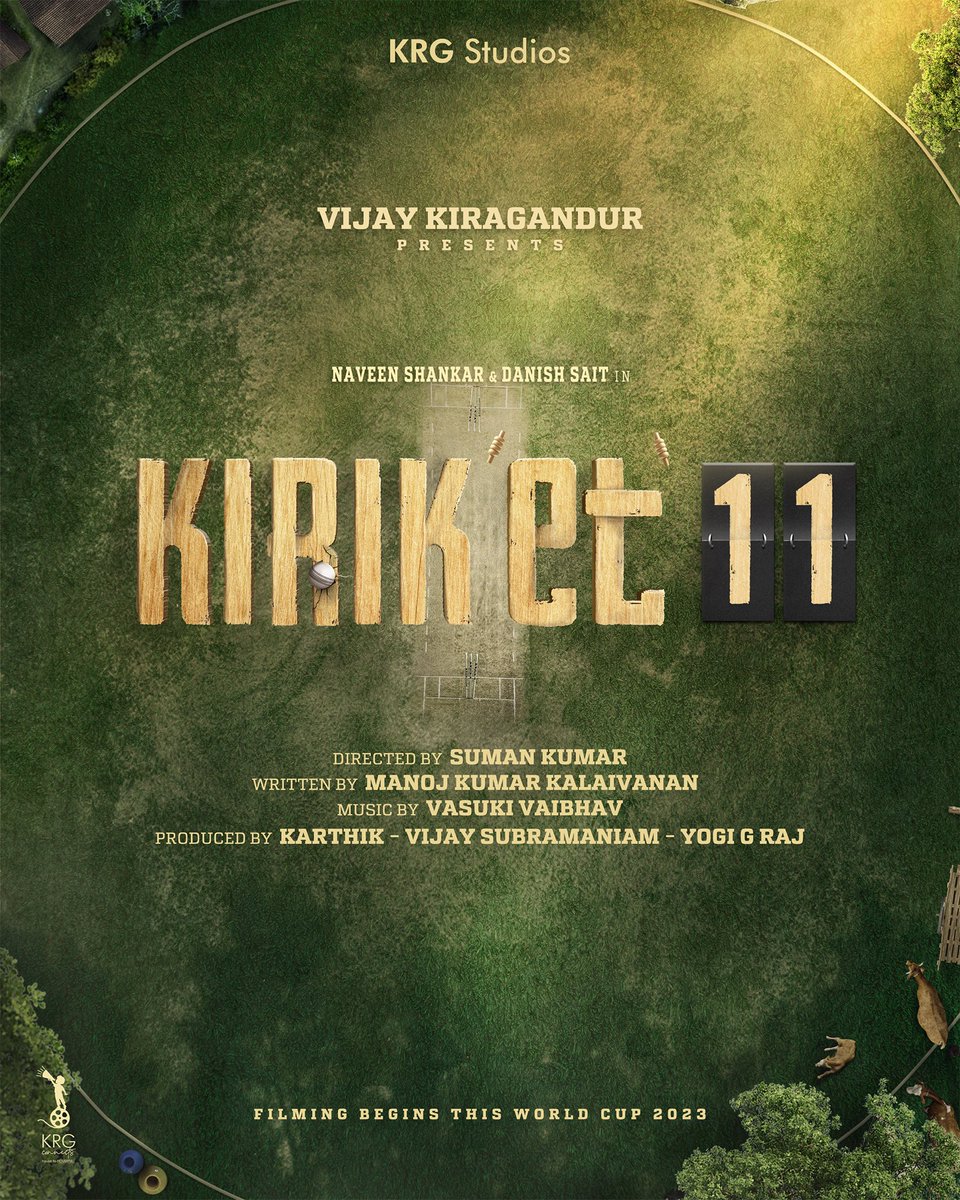 Our Next - #Kiriket11 
Directed by @sumank of Raghuthatha fame & writer of FamilyMan & Farzi. 
Written by ManojKumar Kalaivannan
Producing this with @vjsub & @yogigraj 
music by @vasukivaibhav 
Starring @Nwinshankar & @DanishSait 

@KRG_Studios #VijayKiragandur