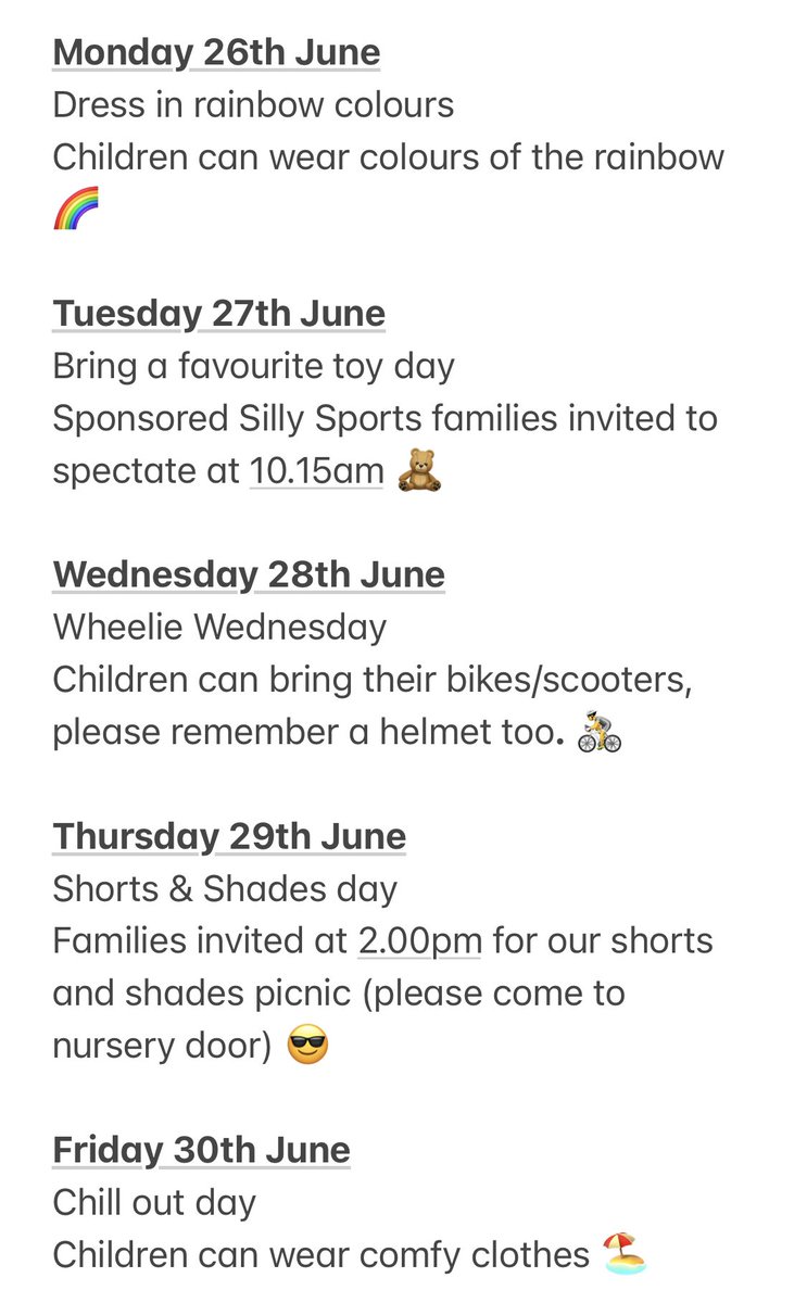*NURSERY FAMILIES* Our wee ones have organised a fun week for the last week of term. Please see below for reminders of what’s on this week. 😀 #funweek #endofterm