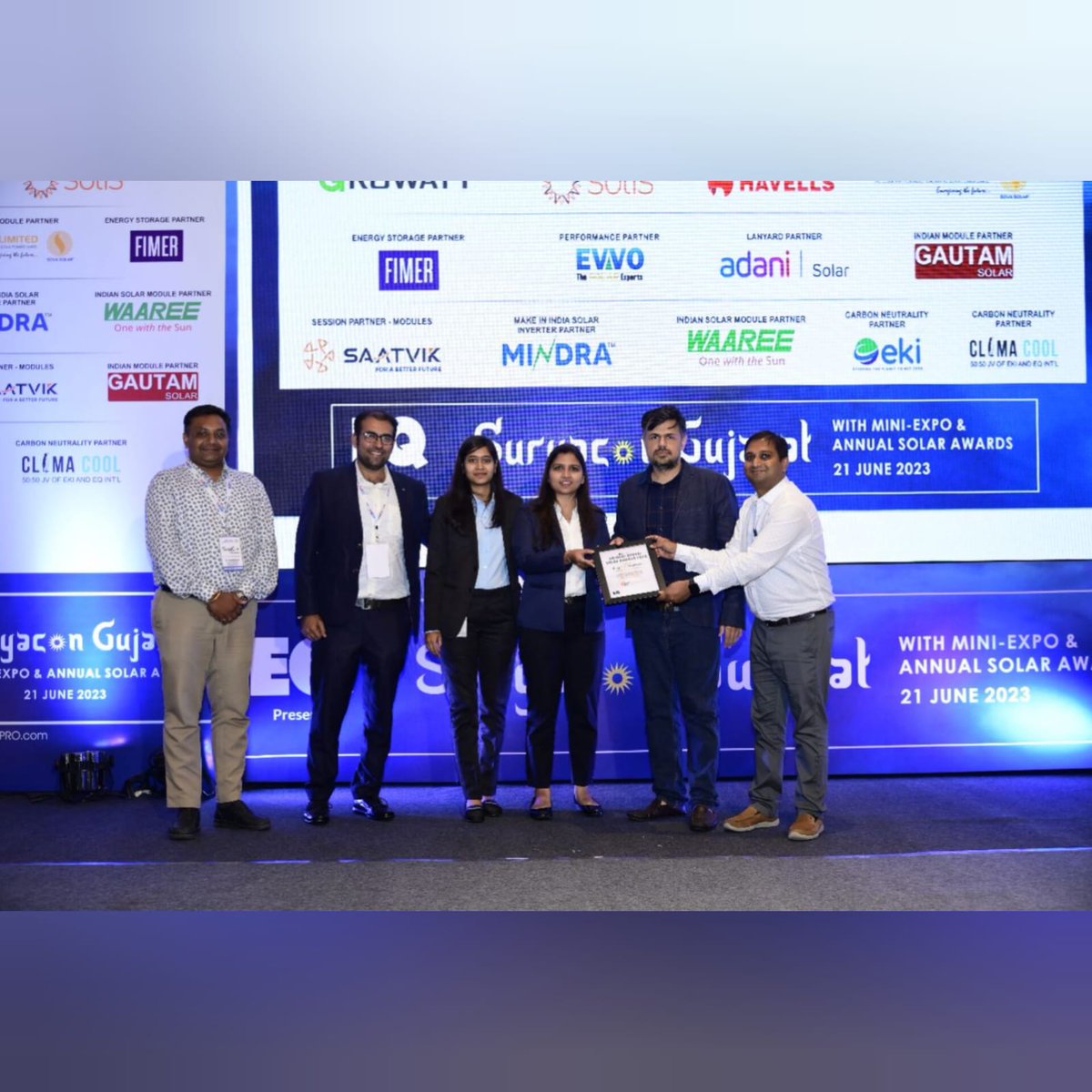 GoPhotovoltaic's tweet photo. "AN EVENING TO REMEMBER"

 Photovoltaic Solar has been awarded with one the most prestigious awards in the Solar Industry "Distributor of the Year For Solar Products"

We would like to thank EQ Int'l (First Source Energy India Pvt Ltd) for considering us for this mega award. https://t.co/o8p19AguTh