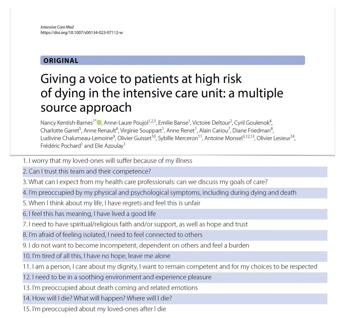 yourICM's tweet photo. 📢 Giving voice to critically ill patients at high risk of dying #ICU through a list of their 15 major concerns, to
➡️improve communication/support
➡️better meet their needs
➡️support research on quality of life at EoL &amp; quality of dying/death
#FOAMcc
🖇️ https://t.co/pQK5B77eCW https://t.co/r5670EDCmV