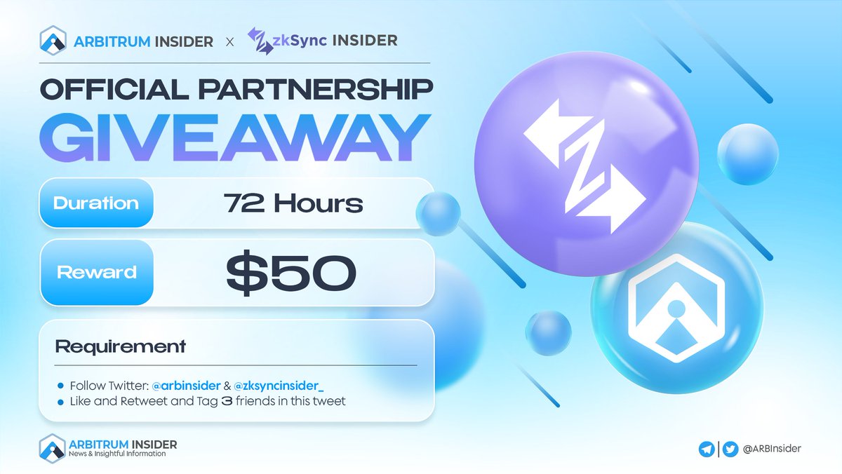 🎉 We are glad to host a #Giveaway with our friend - #zkSyncInsider 🎁 $50 for 5 winners Rules: - Follow @arbinsider & @insider_zksync - Like + RT + Tag 3 friends #zkSync #Airdrop #Arbitrum