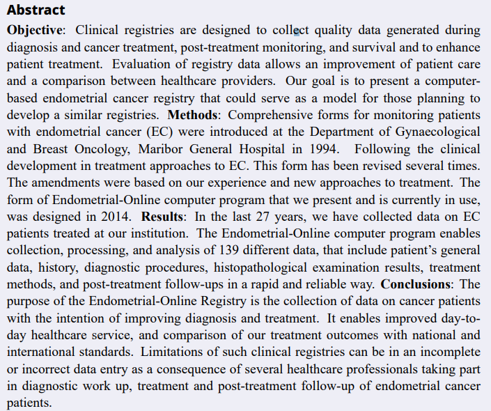 EJGO_1980's tweet image. Welcom to read 👀the paper 🆓
Inquiry and Endometrial-Online computer program: 27 years of clinical registry for endometrial cancer at the University Medical Centre Maribor
ejgo.net/articles/10.22…
#Clinical_registry #Computer_program #Endometrial_cancer