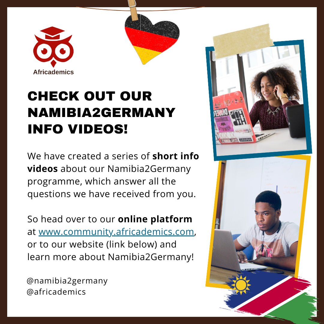 Want to learn more about our #Namiba2Germany programme? Check out our series of info videos about the content, application requirements, fees and #funding, and more: tinyurl.com/e72yr63f

#africademics #tvet #studyingermany #studyabroad #vocationaleducation #germany #namibia