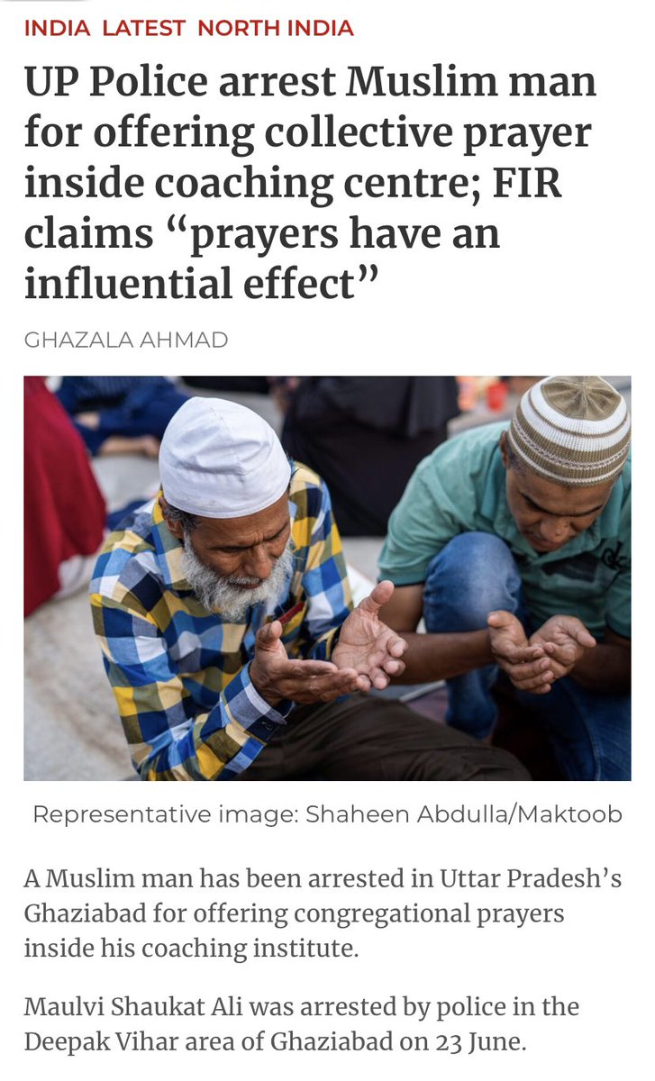 Abdulla_Alamadi's tweet image. Shaukat Ali, director of a coaching institute has been arrested for holding a congregation prayer inside his institute, which affecting others in the area, according to the police ! 
Has Prayer become a punishable crime for a Muslim in India, which claims to be a secular country?
