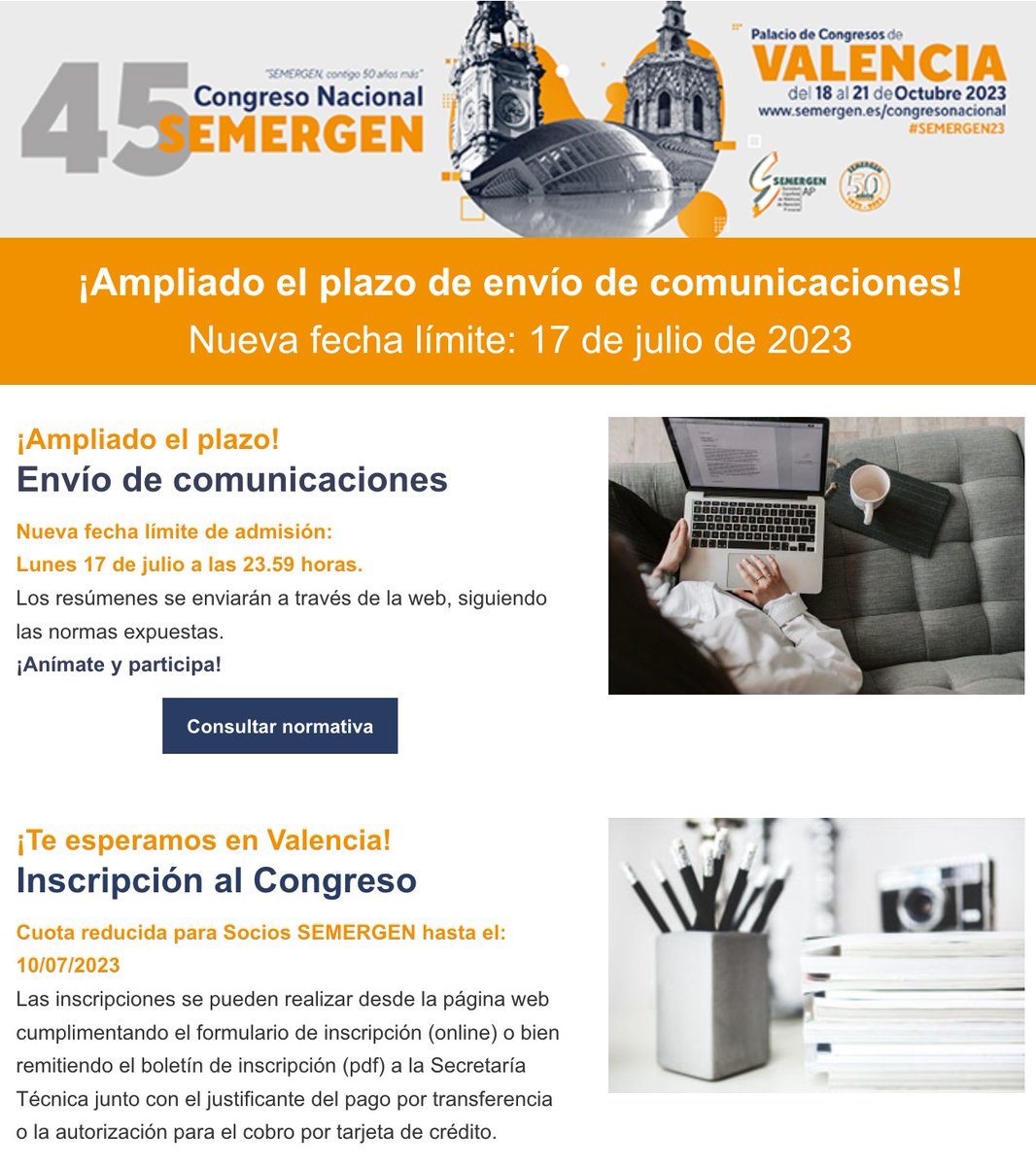 📌 Consulta PROGRAMA preliminar de #SEMERGEN23 
ℹ️ 45º Congreso Nacional  @SEMERGENap  del 18 al 21 Oct. en Valencia 
  📣 Inscripción REDUCIDA hasta 7 de Julio
        ⌛ Ampliado PLAZO de envío de COMUNICACIONES hasta 17 Julio 
✍️
congresonacionalsemergen.com