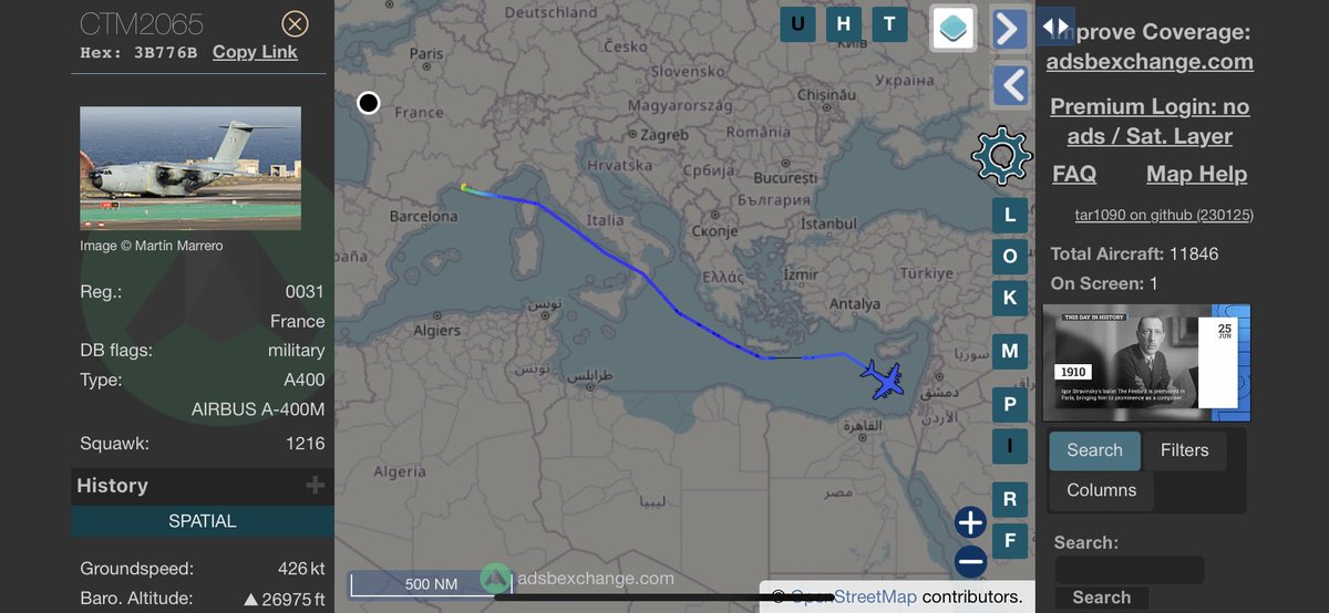 Départ de la mission #PEGASE23 ! Cette nuit, 10 Rafale, 5 ravitailleurs A330 MRTT Phénix et 4 avions de transport A400M ont décollé vers l'Indopacifique.
globe.adsbexchange.com/?icao=3b756b,3…