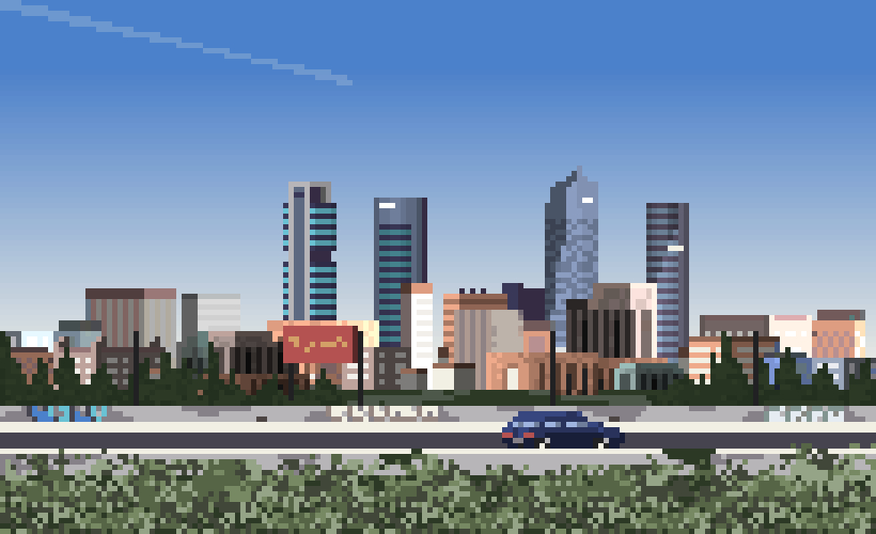 TooOldForThat1's tweet photo. A small "Sunday Morning" piece of #pixelart with #madrid #skyline as seen from the M40 in the city's Northeast. #buildings #skyscraper #aseprite https://t.co/1ASbvrBE8A