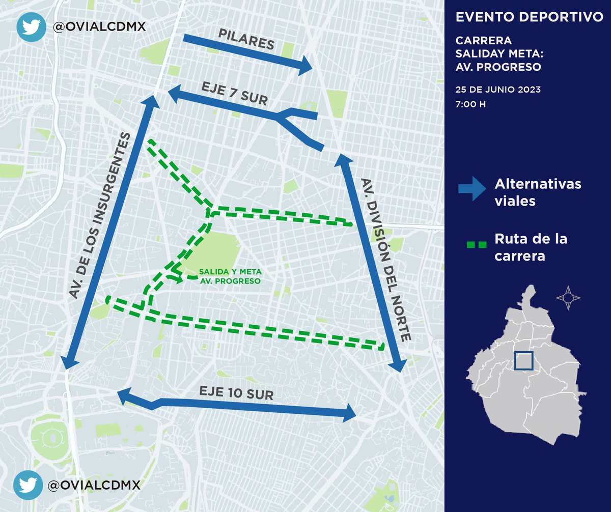 OVIALCDMX's tweet photo. #PrecauciónVial | Por carrera atlética #Split16k a las 07.00 hrs. en Av. Universidad, Av. Río Churubusco y Av. Miguel Ángel de Quevedo, considera afectación vial.
Aquí #AlternativaVial https://t.co/1YAXWkKrr9