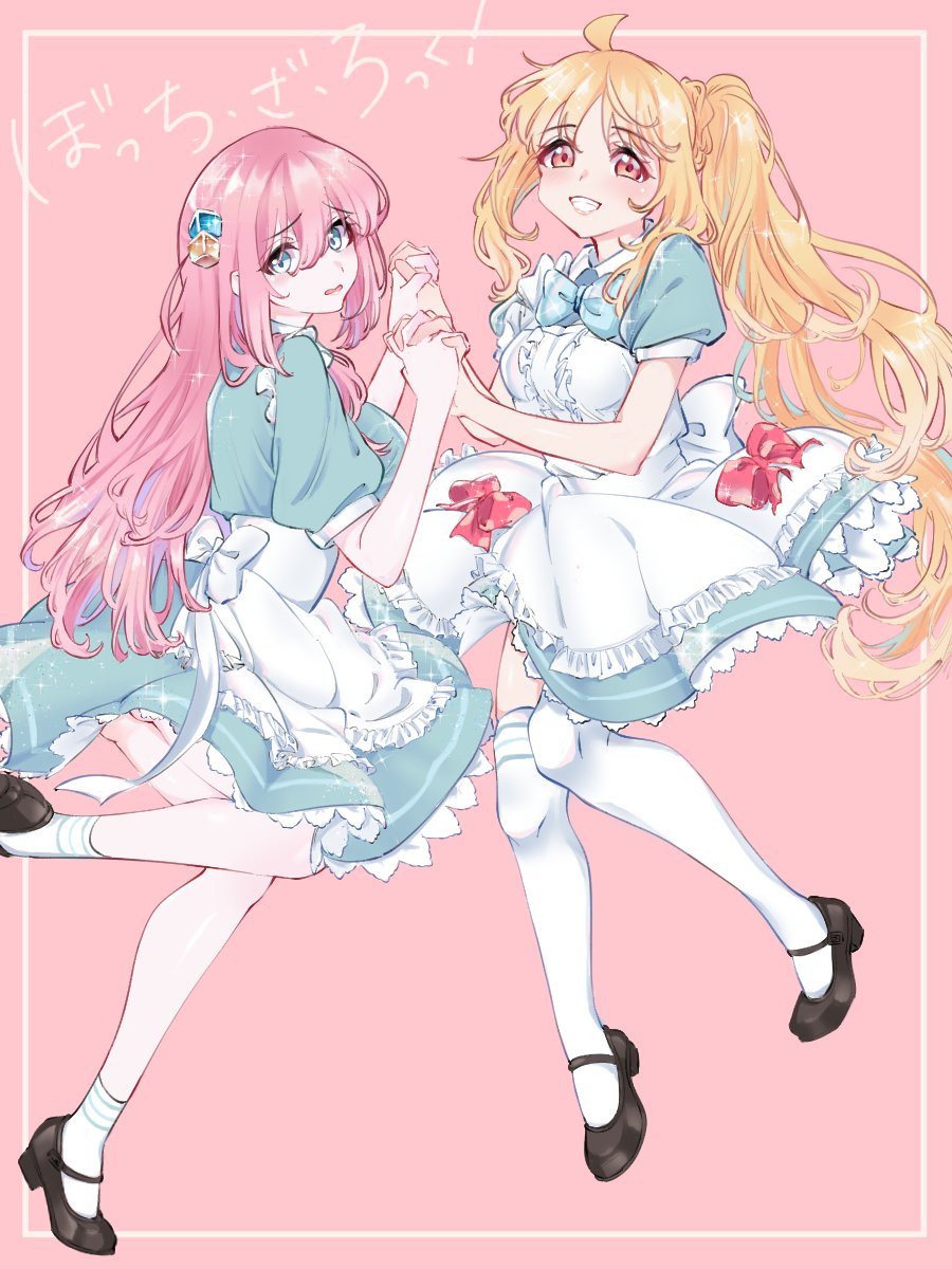 gotou hitori ,ijichi nijika multiple girls 2girls pink hair blonde hair long hair hair ornament thighhighs  illustration images