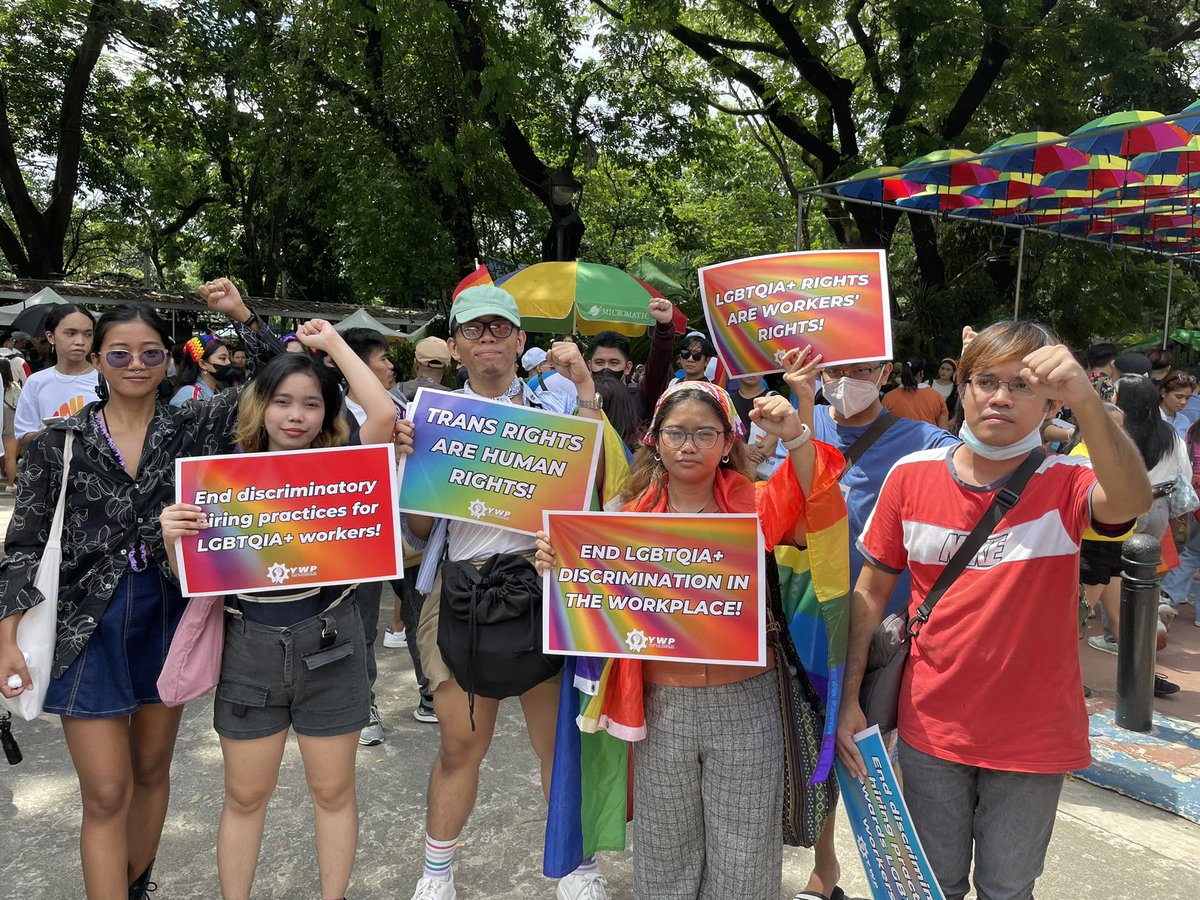 youngworkersph's tweet photo. LGBTQIA+ RIGHTS = WORKERS' RIGHTS! Young  Workers of the Philippines joined Pride March to highlight challenges faced by LGBTQIA+ workers. From workplace discrimination to lack of healthcare, our fight for equality continues! 

#SOGIEEqualityNOW #Pride2023 #PrideMarch #PrideMonth https://t.co/KS7ylK439s