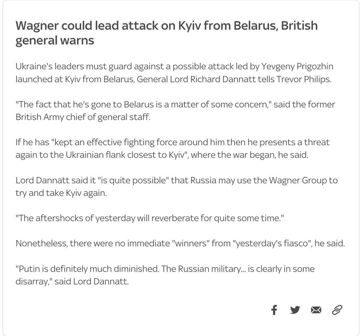 blyskavka_ua's tweet photo. ⚡️ prigozhin can start the "Wagner" offensive on Kyiv from the territory of belarus, according to British general and member of the House of Lords Richard Dannatt.

"The fact that he went to belarus causes some concern," -he said.

According to Dannat, if prigozhin "kept combat-capable combat forces around him, he again poses a threat to the Ukrainian flank closest to Kyiv."