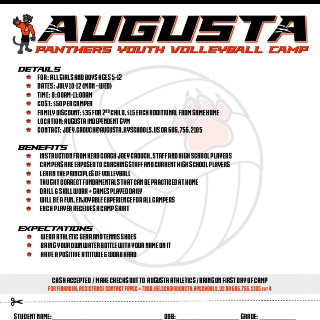 AugustaVolley's tweet photo. The Lady Panthers will be hosting our annual youth volleyball camp. Camp is open to any child from any school district! Reach out to Coach Joey Crouch for questions or information regarding the camp. Excited to see you all this summer in The Historic Augusta Gymnasium! https://t.co/3AaFzBJ4me
