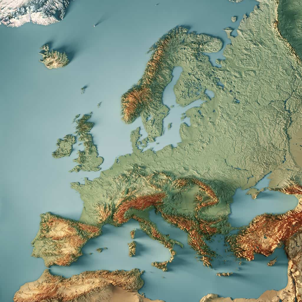 3D Render of a Topographic Map of Europe