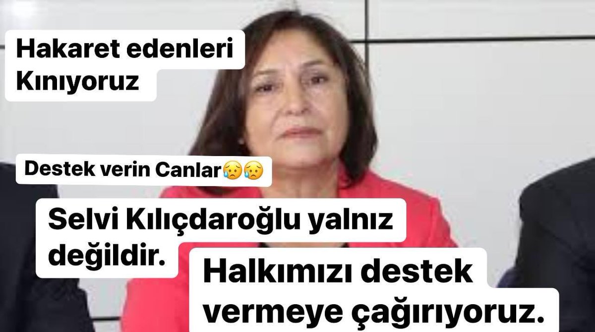 Selvi Kılıçdaroğlu’na karşı sosyal medya üzerinden hakaret kampanyası düzenleyenleri kınıyoruz.
Siyasi ahlak ve insanlık dışı bu saldırıları yapan ve organize edenler!
Bunu bilin!
Selvi Kılıçdaroğlu yalnız değildir.
Lütfen herkes paylaşsın. 😥😥😥
@kilicdarogluk @erenerdemnet…