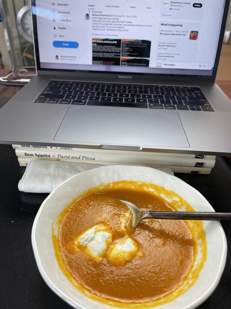 Lunch at my desk.  Home made Carrot and Ginger Soup.  Ginger must be fresh!  A favorite from The Silver Palate.  “Left overs’ can be a beautiful thing.  Bon Appetit!