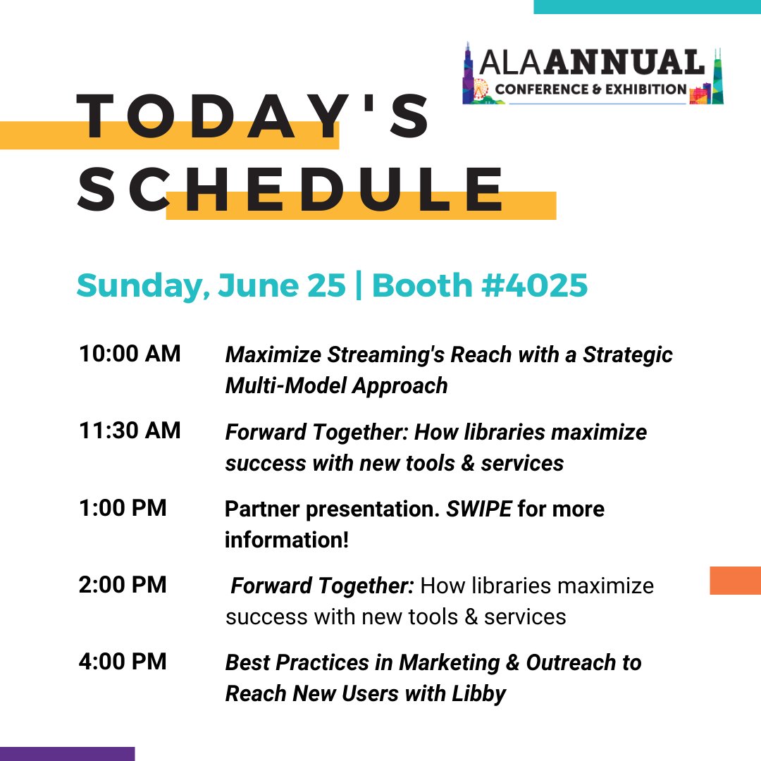 OverDriveInc's tweet image. 📚 Day 3 at the @ALALibrary Annual Conference! 🌟 We have a full schedule of eye-opening presentations in Booth #4025. See you there! ✨ 
#LibrariesTransform #ALAAC23