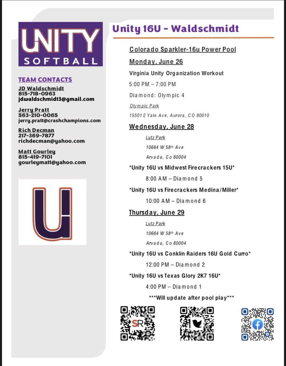 allie_decman's tweet photo. Schedule for this week in Colorado!! @CoachJake_COE @jpryorKeiserSB @unity_16u @SAUBeesSoftball @DU_Stars @15_CoachG https://t.co/FrJoHWbald