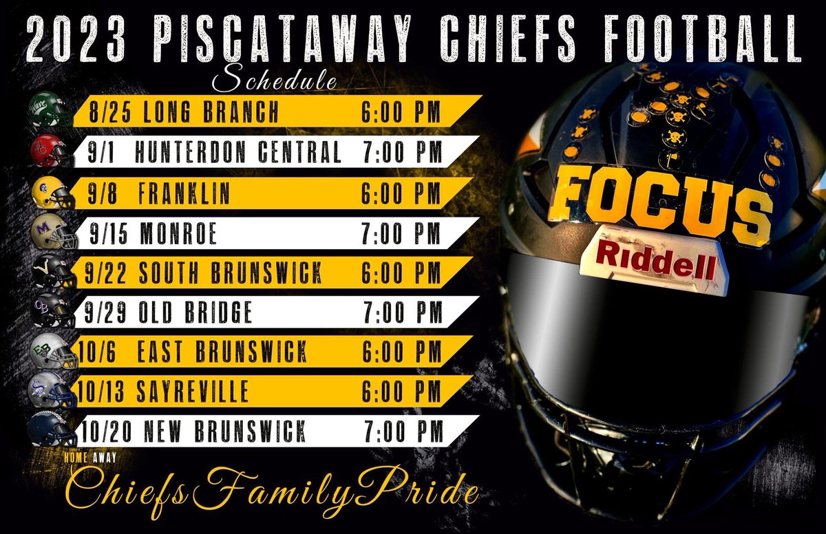 pwayfootball's tweet photo. 🚨𝟐𝟎𝟐𝟑 𝐔𝐏𝐃𝐀𝐓𝐄𝐃 𝐒𝐂𝐇𝐄𝐃𝐔𝐋𝐄🚨
#ChiefsFamilyPride
@PwaySchools @PiscatawayTAP @PWAYNJ @rharmer52 @Piscataway_HS @PwayMSfootball @PHSChiefsNation @NJPiscataway @bordenfb4ever @HSSportsNJ @MikeKinneyHS @bcnjgridiron @CJSportsRadio @MyCentralJersey https://t.co/A4Yz9GKHlX