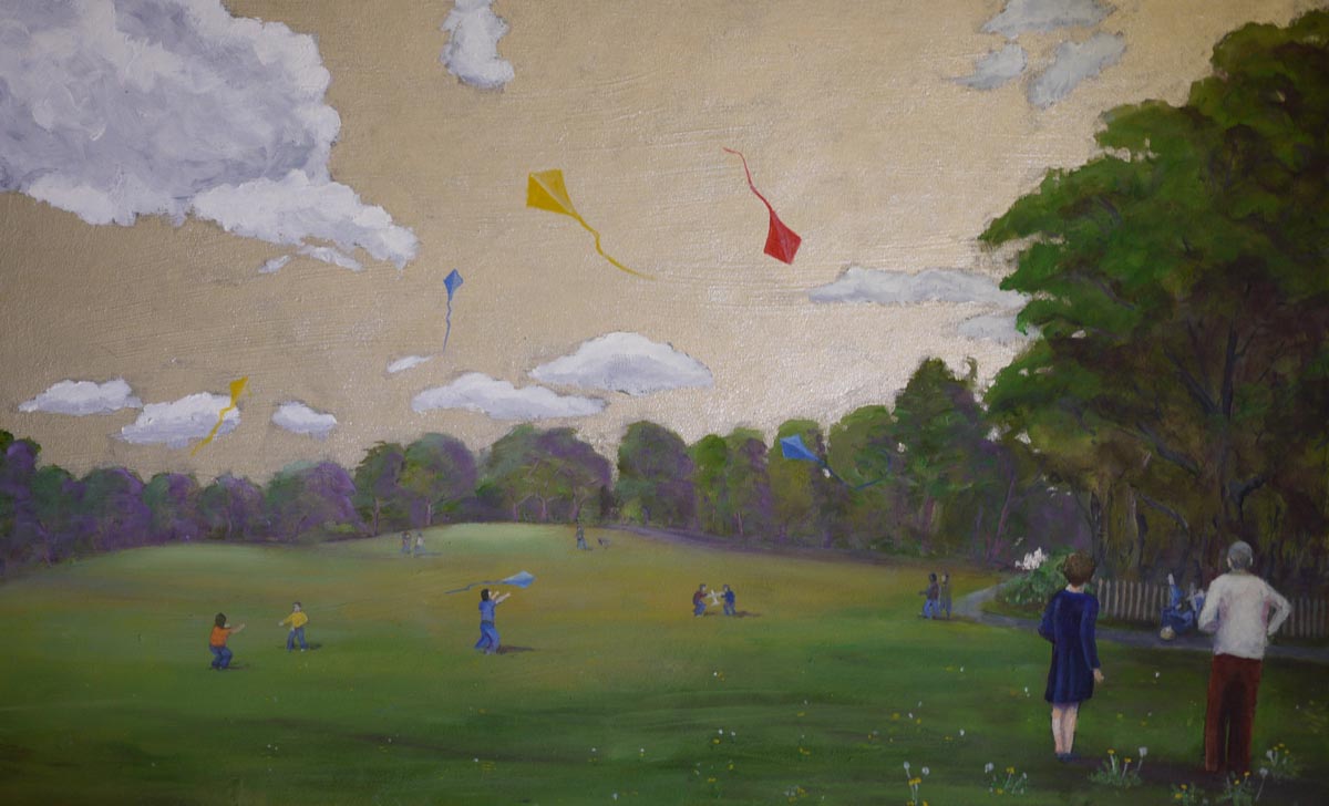 Getting hot in 1976 and Peter Powell the Stunt Kite inventor born June 29th 1932! #StuntKite #PeterPowell #southlondon #BeckenhamPlacePark #CrabHill #escapinginsuburbia #art #GramHilleard #painting #1970s #Beckenham @GrimArtGroup