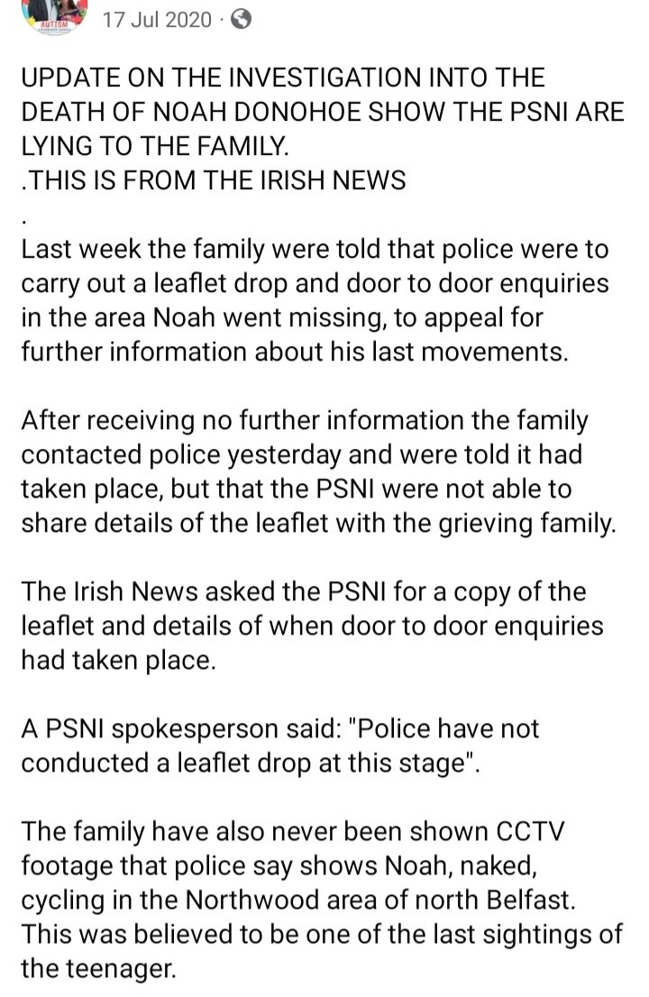 *Article from Irish News #July2020* 
@PSNI have Lied continuously to Noah's Family 🚩
NO LEAFLET DROP ❌️
NO RECONSTRUCTION ❌️
We DO NOT TRUST Them...
#JusticeForNoahDonohoe