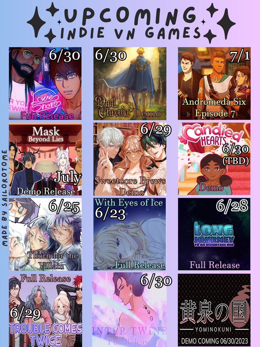 sailor_otome's tweet photo. As we say near the end of June, we welcome a lot of new demos, releases &amp; updates so I wanted to make a chart to help everyone keep track! If you'd like to support or follow their progress, I've their links below 💫 #indiedev #indiedev  #amaregame #otomejam2023 https://t.co/QPTJLP8odo