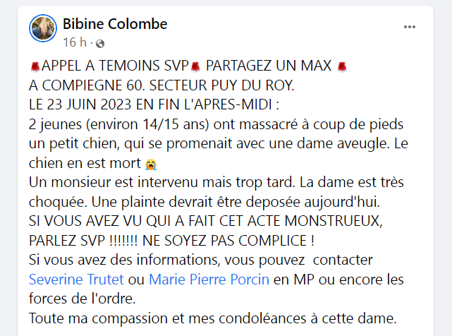 APPEL A TEMOINS🤬🤬🤬 
Si les verdicts n'étaient pas si merdiques, peut être moins de saloperies de ce genre !
<a href="/Brigade_BPA/">Brigade de Protection Animale – BPA</a> <a href="/bab_asso/">Brigade Animale Bénévole | BAB</a> <a href="/courbet_julien/">Julien Courbet</a> <a href="/FBB_Officiel/">Fondation Brigitte Bardot</a> <a href="/HenryJeanServat/">Henry-Jean Servat</a> @LRefuges