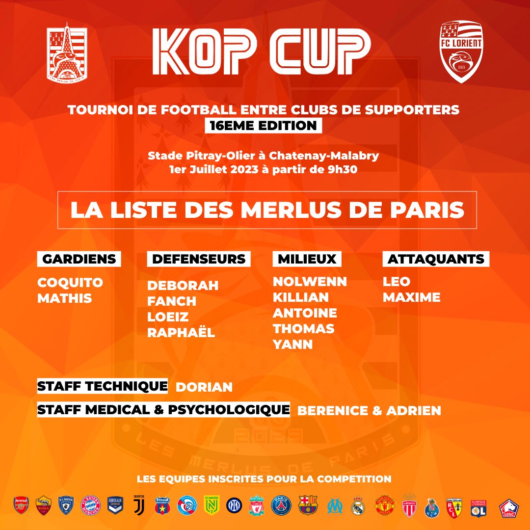 MerlusDeParis's tweet photo. ⚽️ Le @FCLorient sera représenté par les @MerlusDeParis lors de la 16ème édition de la #KopCup organisée par @LiverpoolFrance
📝 La liste des joueurs est désormais connue. Les joueurs, le staff et les supporters sont prêts. J-6 avant le tournoi à 7.
#FCL #FCLorient #Lorient https://t.co/LvKj2Dbniy