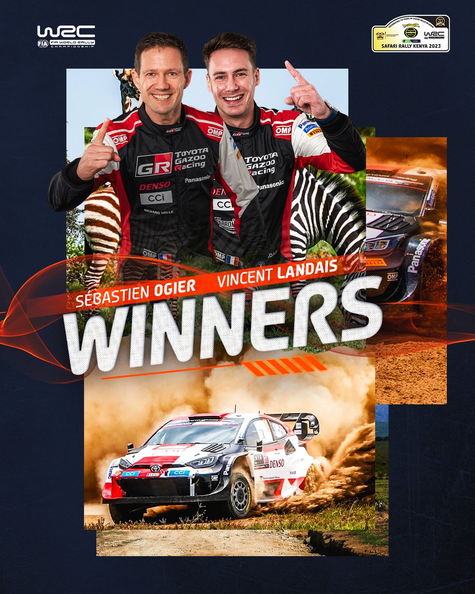 OfficialWRC's tweet photo. He has done it again! @SebOgier claims a second @wrcsafarirally victory, leading a @TGR_WRC 1-2-3-4 🏆 🇰🇪

Congratulations to @vinzzlandais on his maiden #SafariRallyKenya victory

#ToyotaGAZOORacing | #WRC | #WRCLive https://t.co/bb7olNjchv